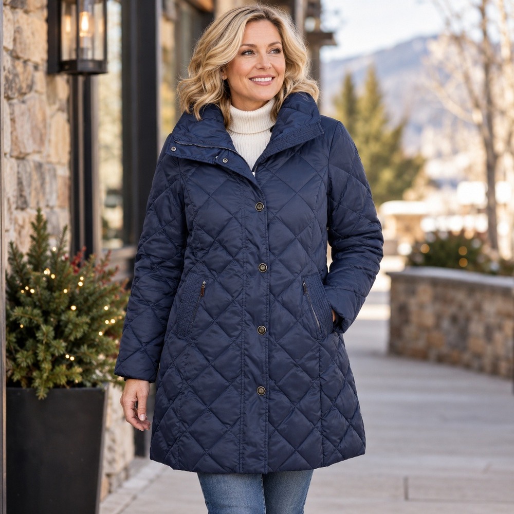 Gallery Down Coat Women's S Navy Quilted Paisley Lined Zip Snap Long Jacket